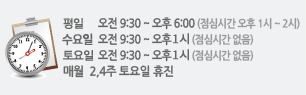 평일 오전 9:30 ~ 오후 6:30(점심시간 오후 1시 ~ 2시), 토요일 오전 9:30 ~ 오후 1시(점심시간 없음), 공휴일, 일요일 휴진